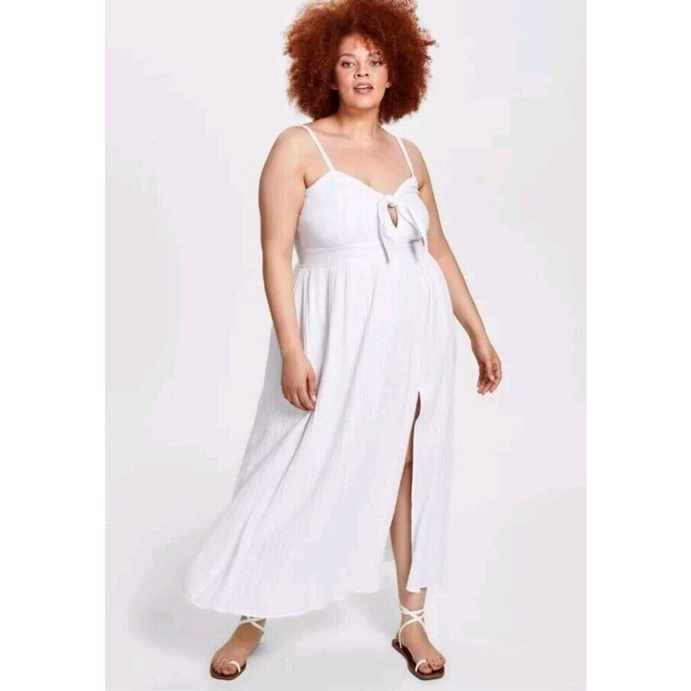 New Bar 3‎ III Women Plus Size 1X White Maxi Dress Long Front Slit Smocking Bow